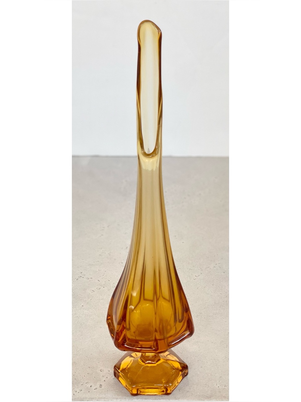 Vintage MCM Viking Glass Amber Swung Vase 14" Epic Column Hexagon Base 1960s